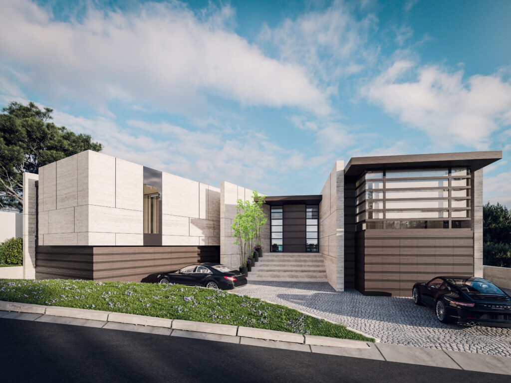 The Strand 8 residence with stone walls and a tall glazed entry volume.